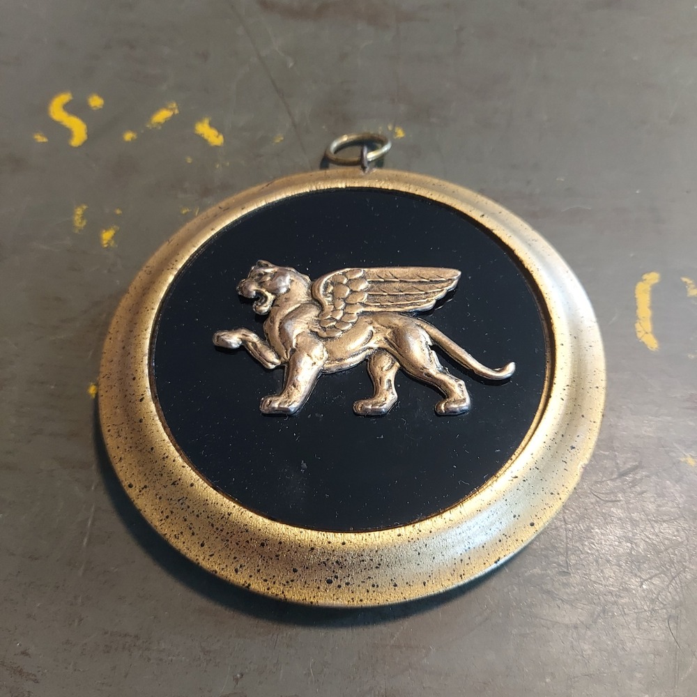 Vintage Clifford Art Studio Winged Lion Wall Plaque Gold Black Metal Relief 4in
